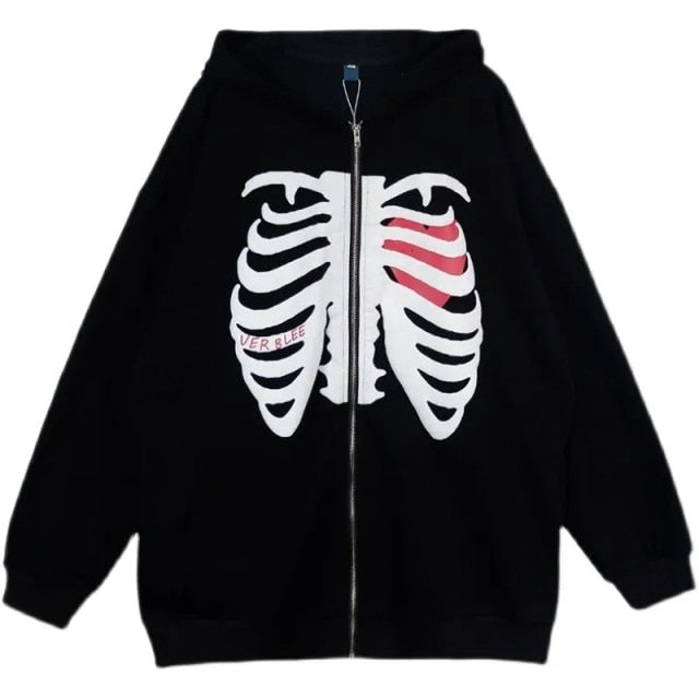 Y2K Rhinestone Skeleton Zip Up Oversized Sweatshirts