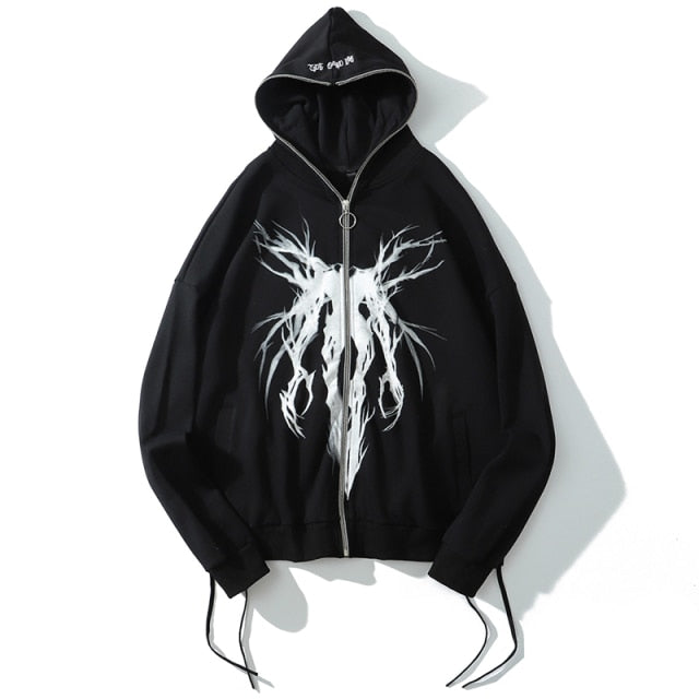 Aolamegs Punk Graphic Print Zipper Ribbon Hooded Hoodie