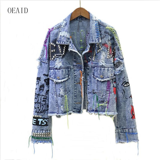 New Women&#39;s Denim Jacket Coat 2022 Spring Jean Jackets Women Coats Female Denim Jacket Graffiti Rivet Jacket Girl Outerwear Blue